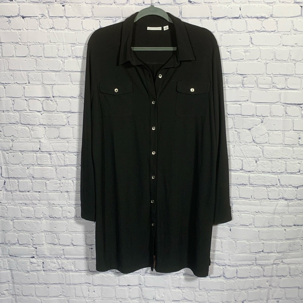Susan Graver Womens Black Longer Length Button Down Long Sleeve Size XL Business